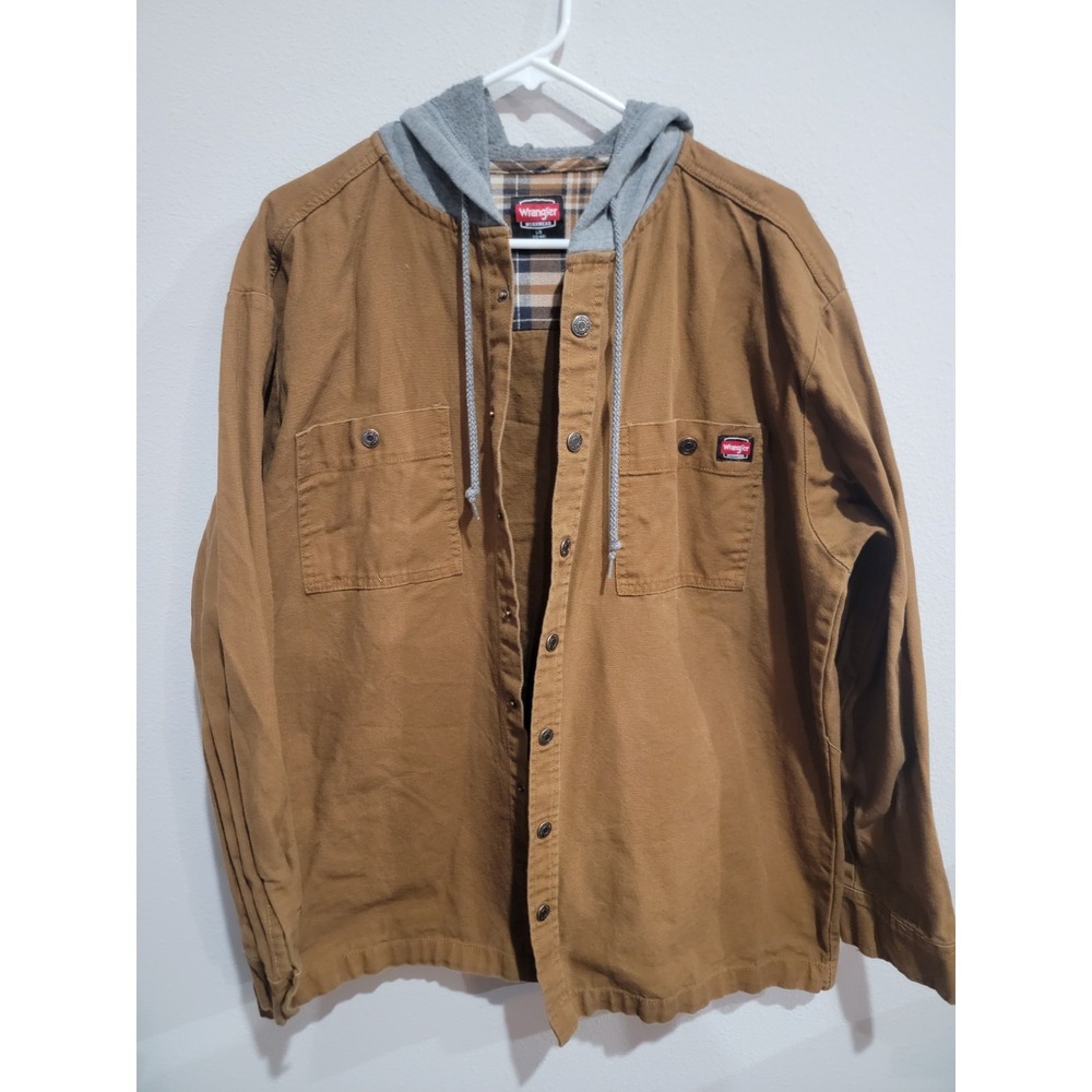 WRANGLER Workwear Chore Over Shirt‎ Jacket Mens L Snaps Hood Shacket Unlined